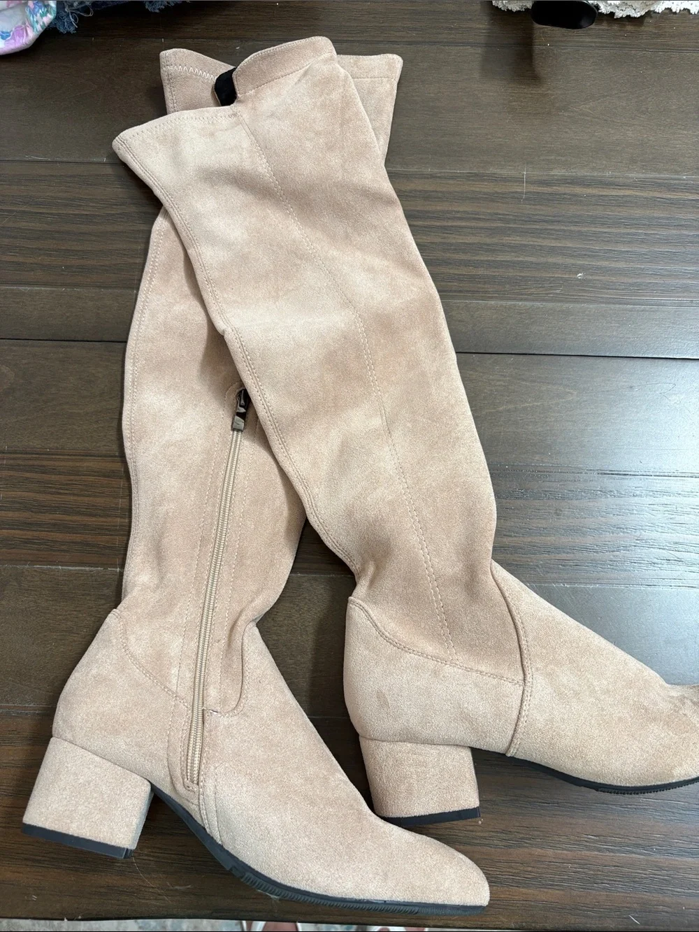 Women's Over-the-Knee Suede Block Heel Boots in Light Taupe